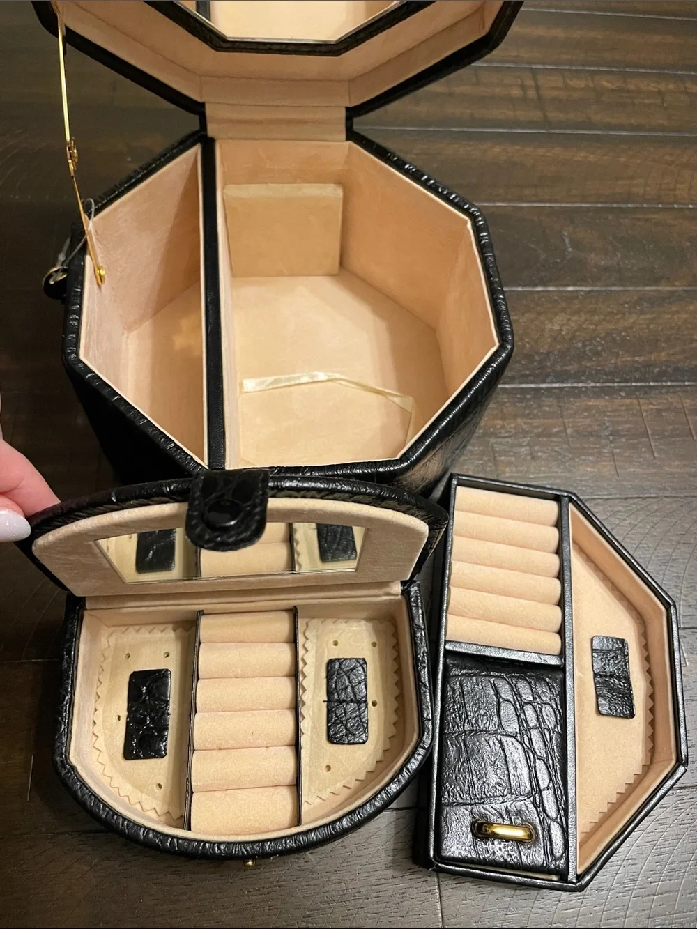 Wolf Designs Octagon Jewelry Box Black Faux Croc Locking Case With Mirror